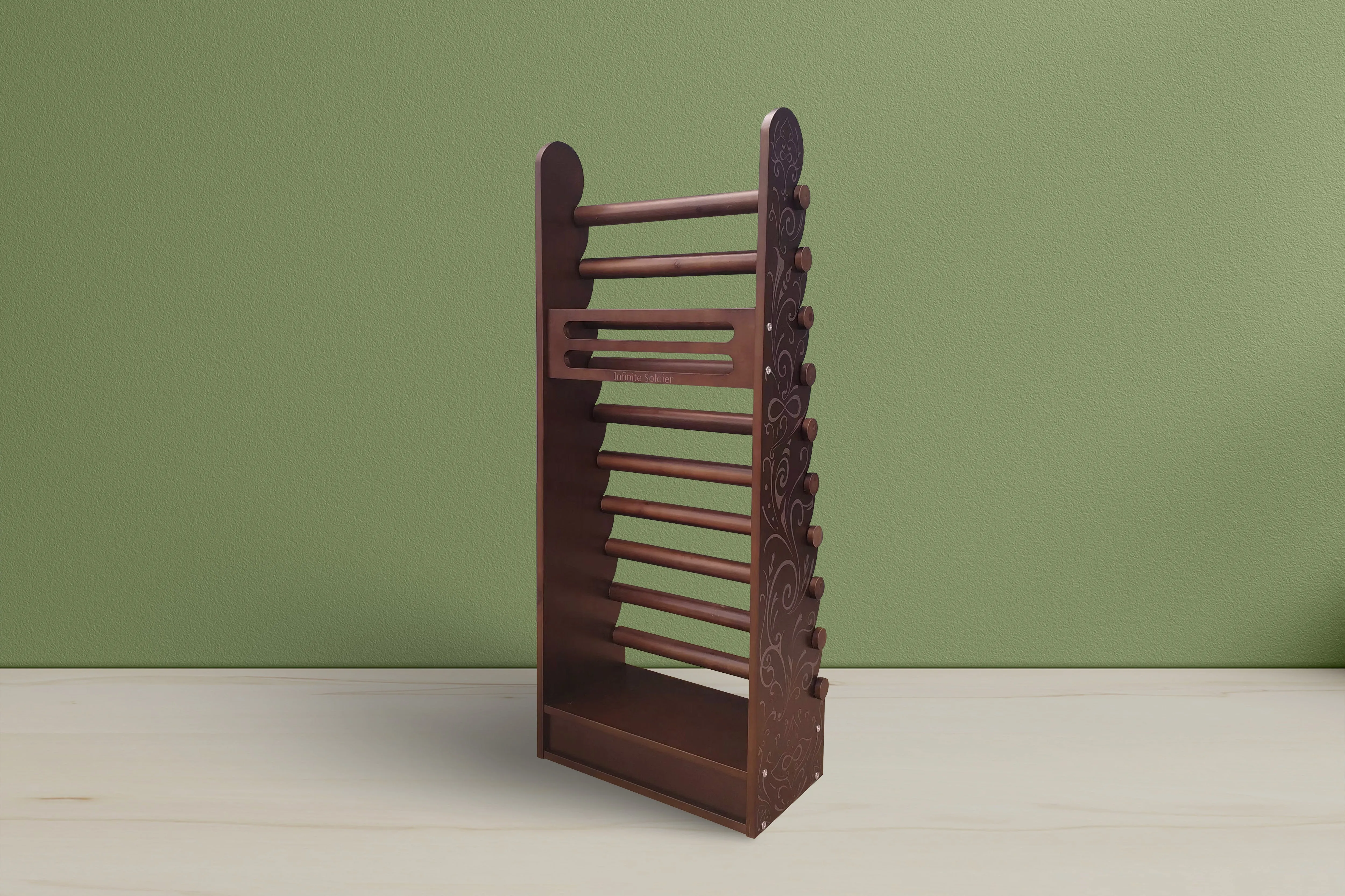 the dark wood 10-tier bracelet display with etched side panels — view 2