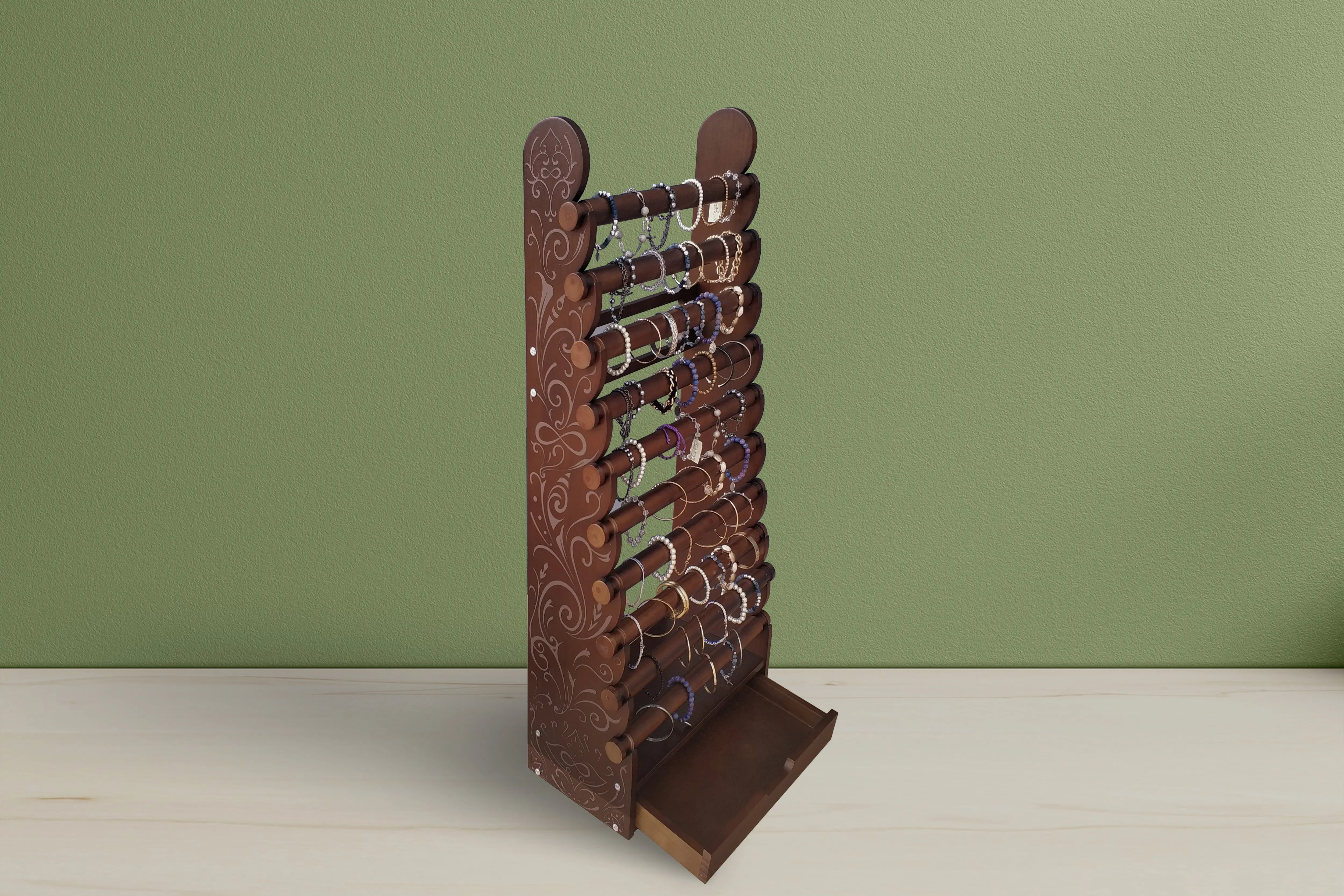 the dark wood 10-tier bracelet display with etched side panels — view 3