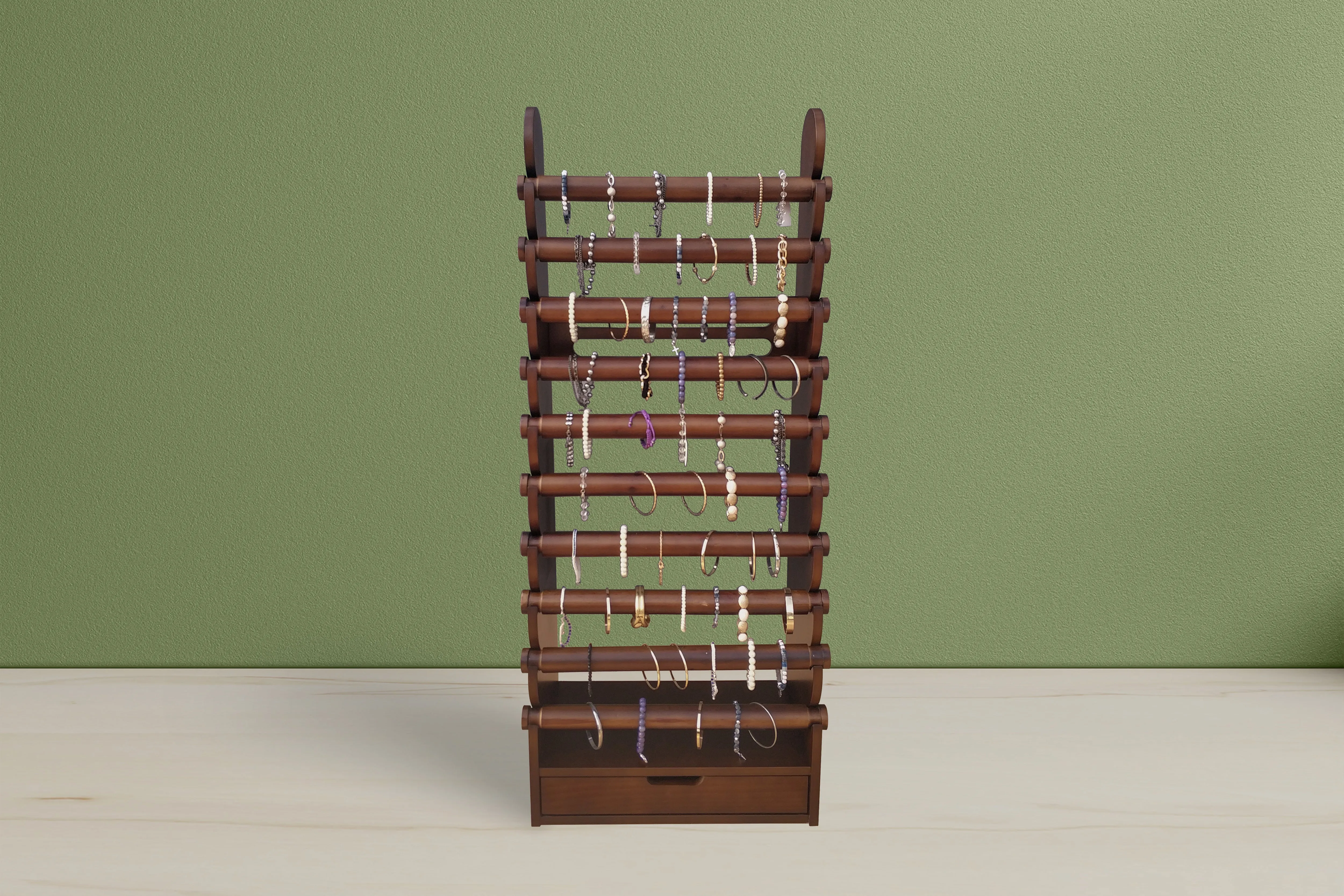 the dark wood 10-tier bracelet display with etched side panels — view 4