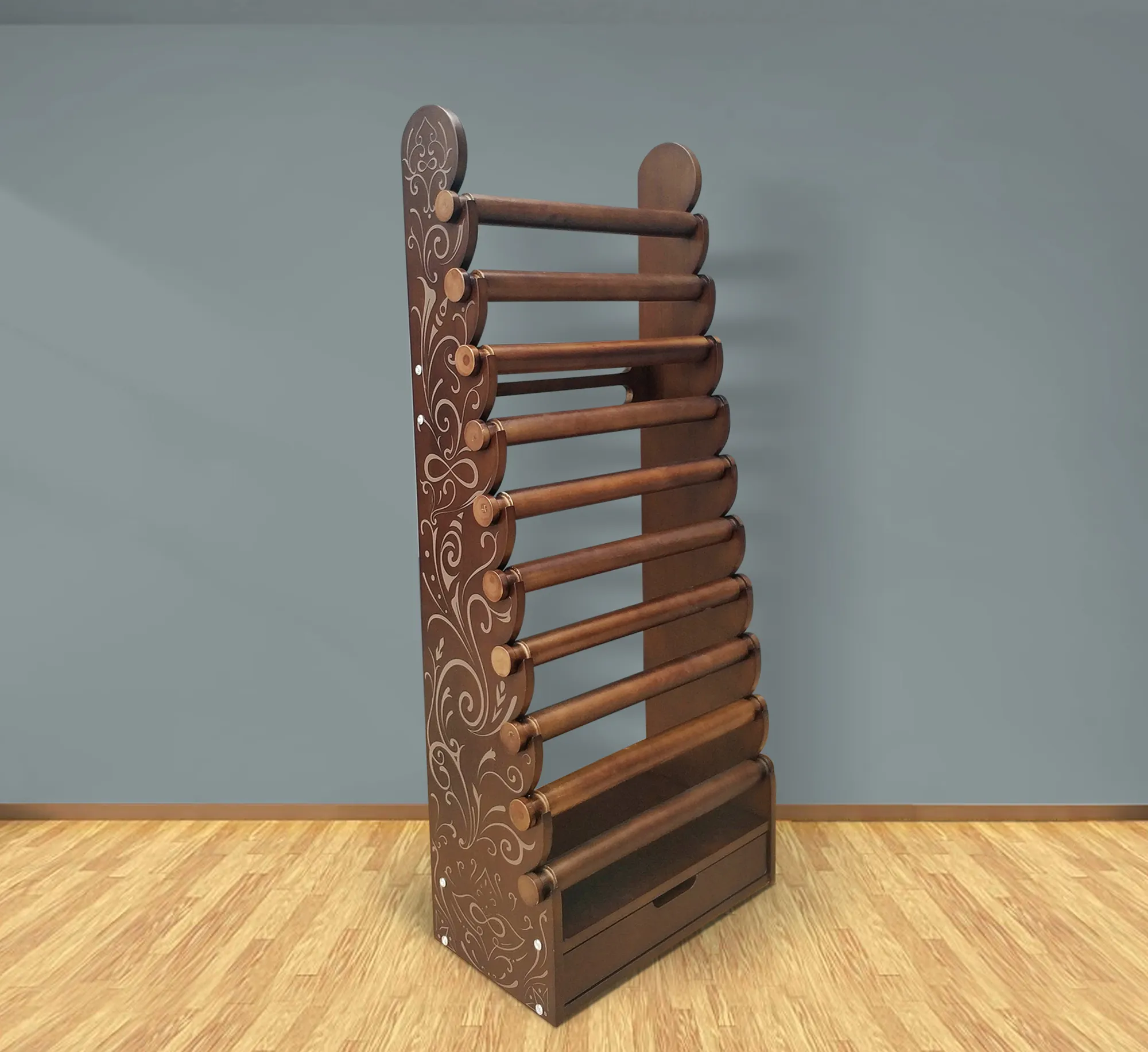 the dark wood 10-tier bracelet display with etched side panels — view 1