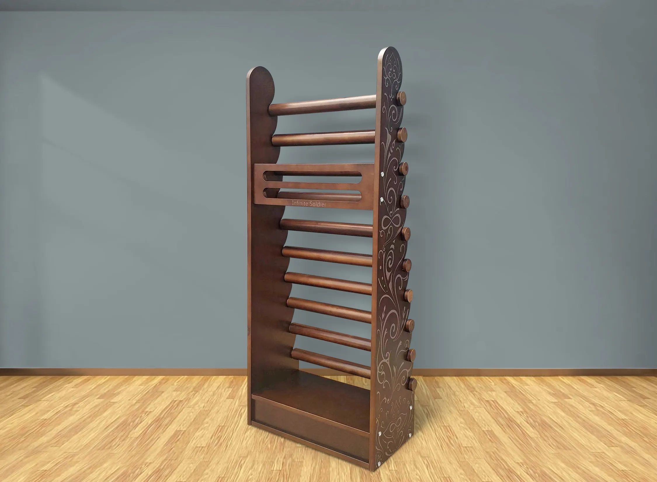 the dark wood 10-tier bracelet display with etched side panels — view 6