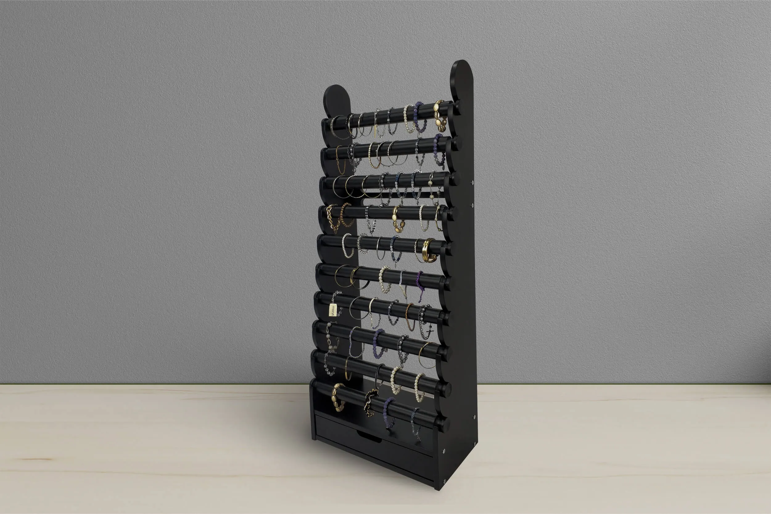 the black 10-tier bracelet display — view 1