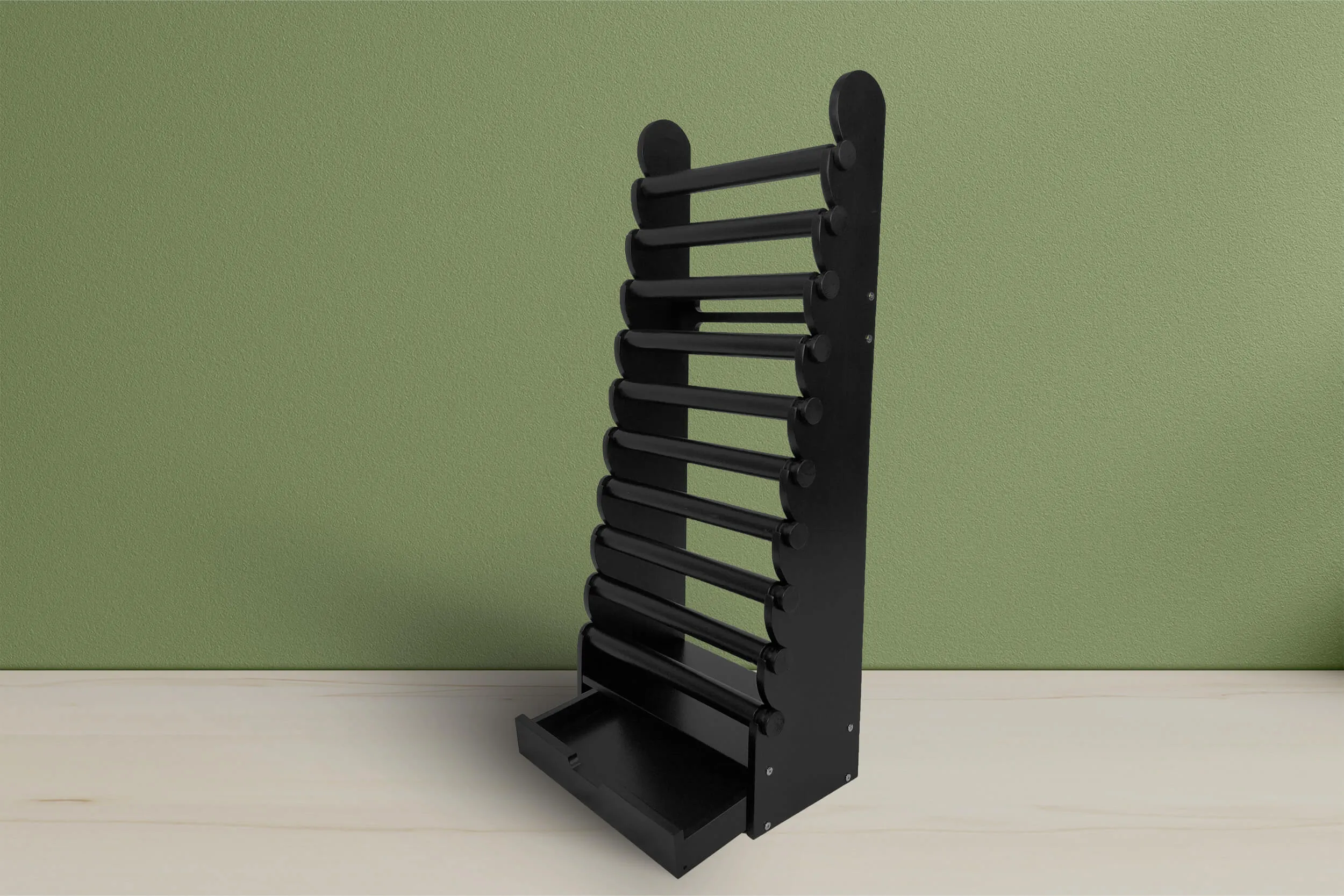10-Tier Black Wood Bracelet Display — full black display with all ten tiers and base drawer