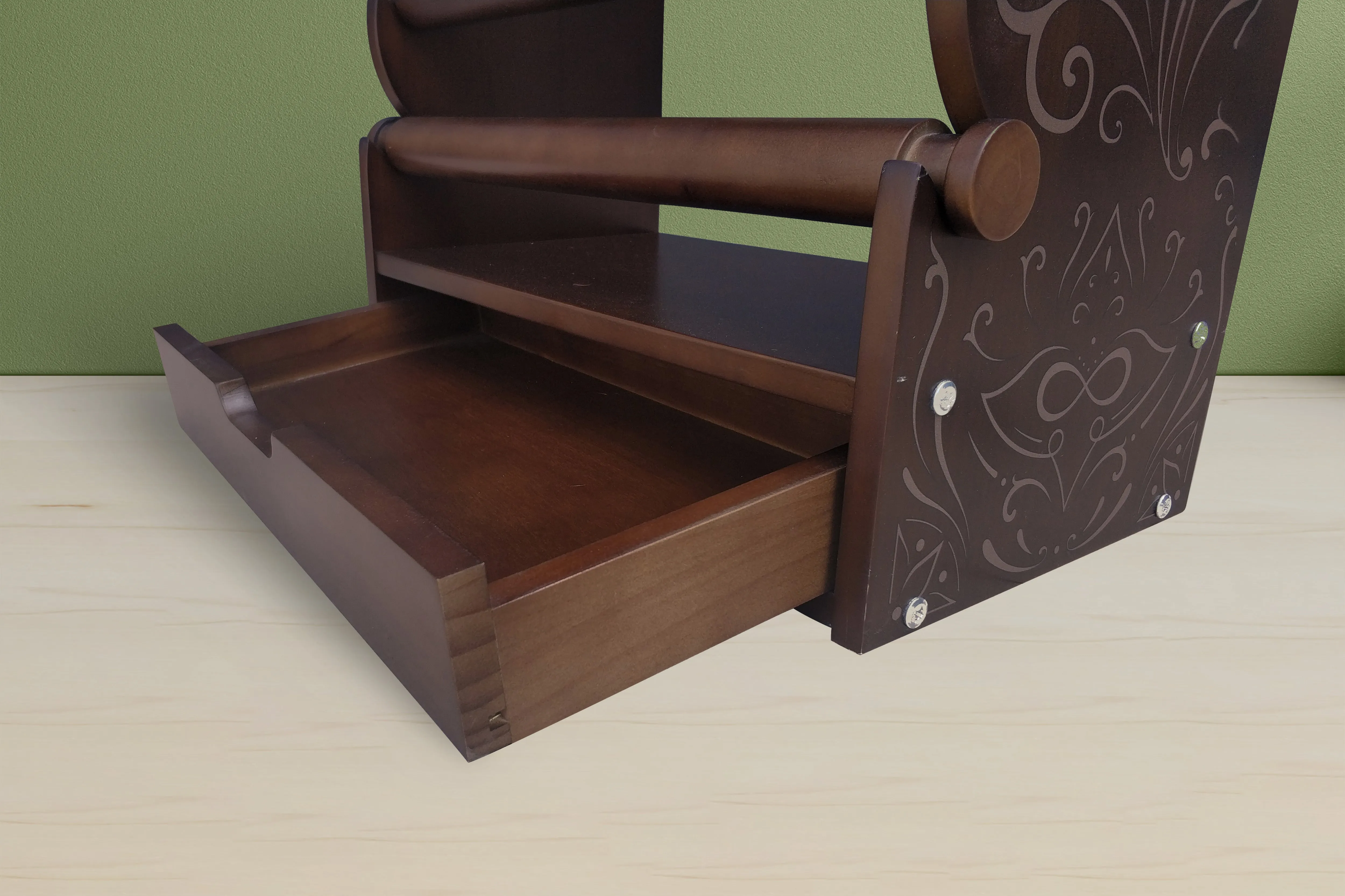 the dark wood 10-tier bracelet display with etched side panels — view 7