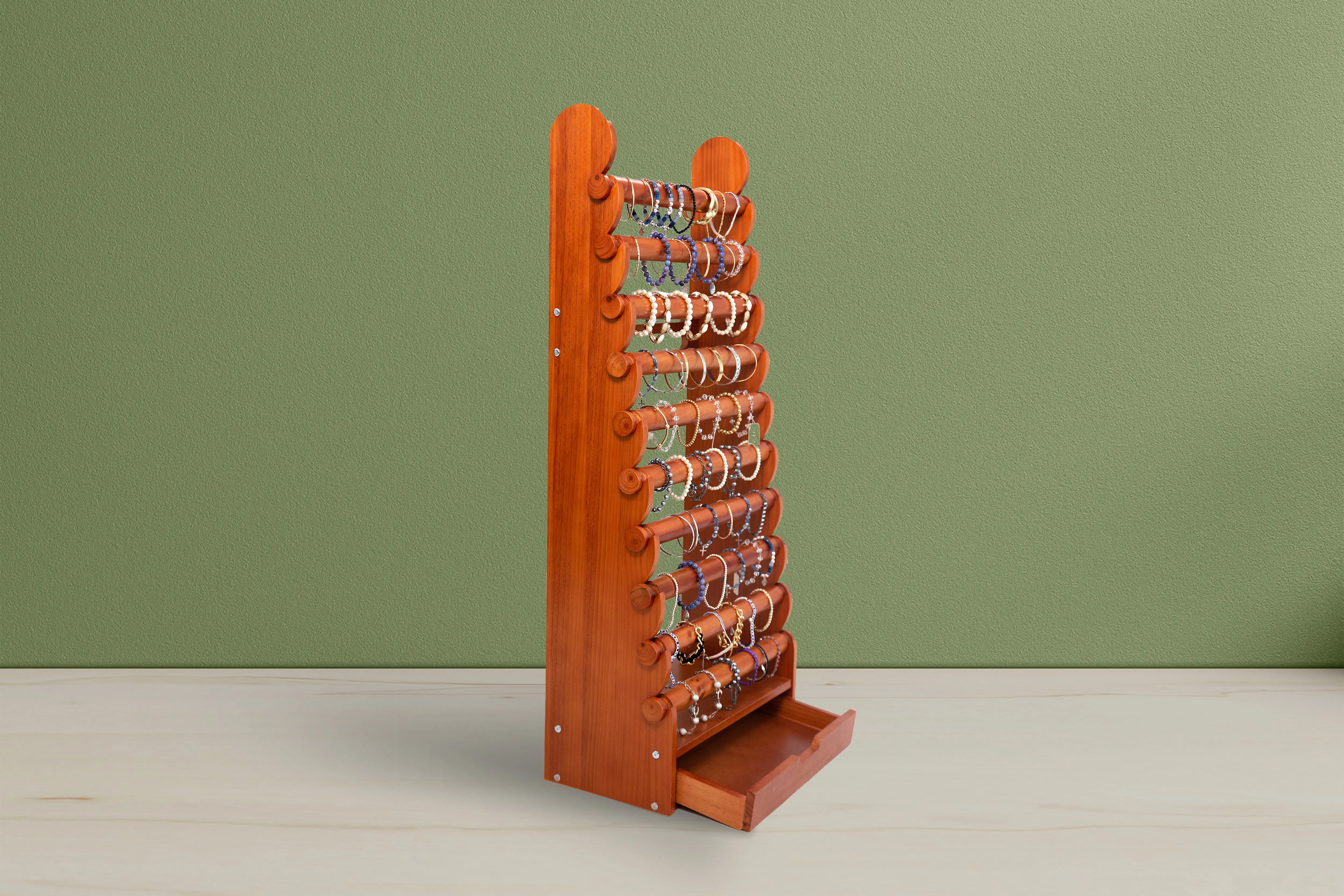 10-Tier Light Wood Bracelet Display — full light wood display with all ten tiers and base drawer