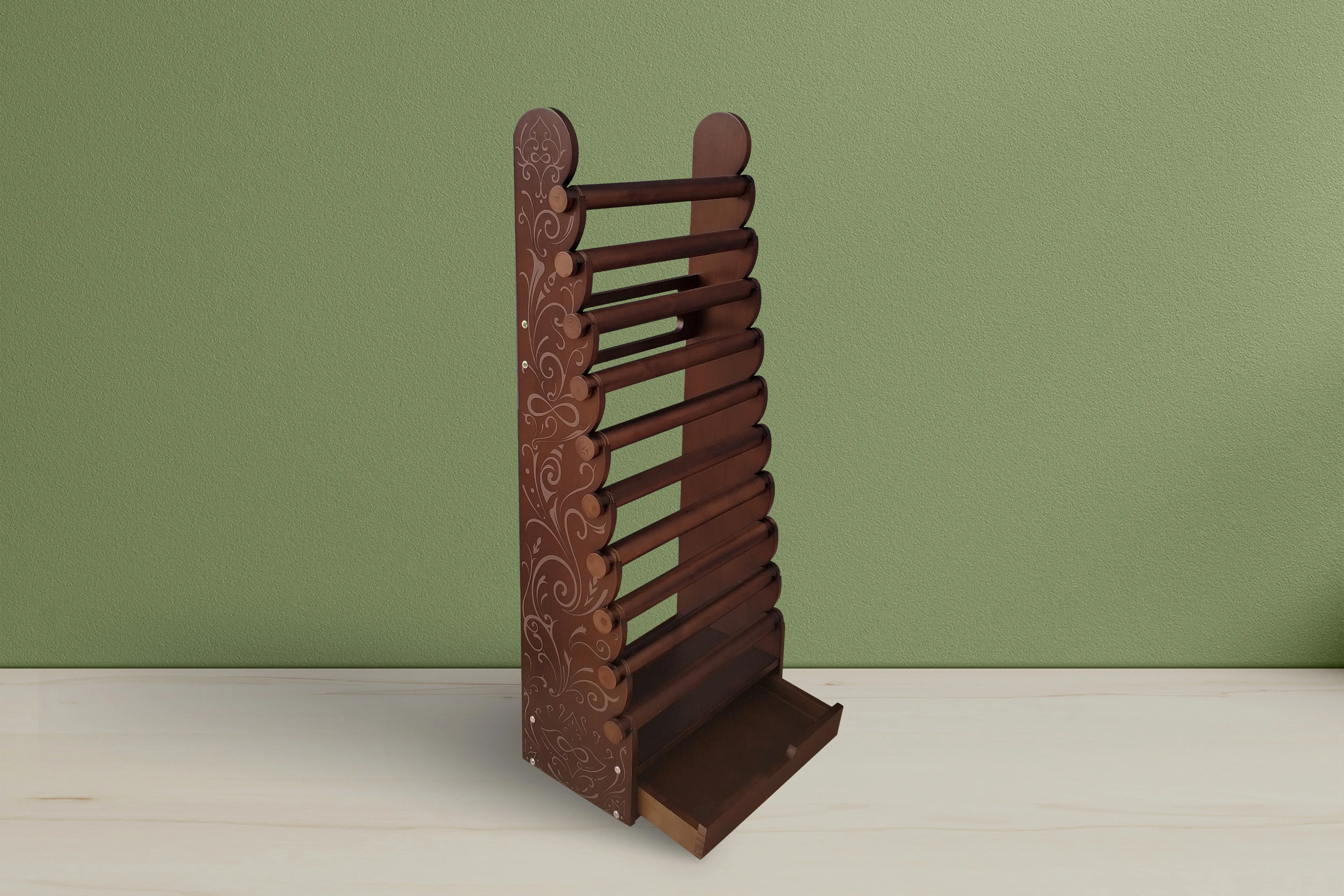 10-Tier Dark Wood Bracelet Display — full dark wood display with all ten tiers and base drawer