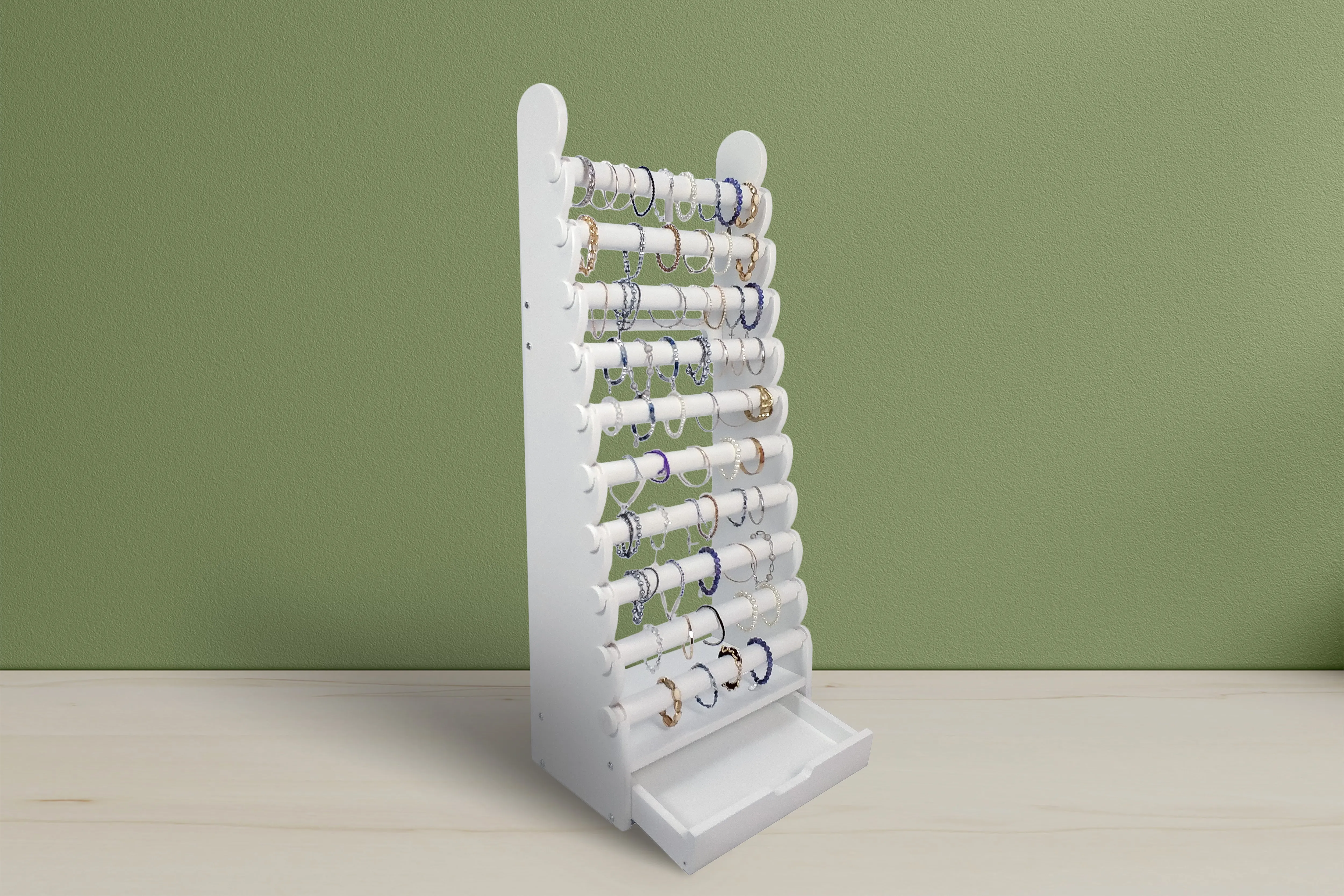 10-Tier White Wood Bracelet Display — full white display with all ten tiers and base drawer