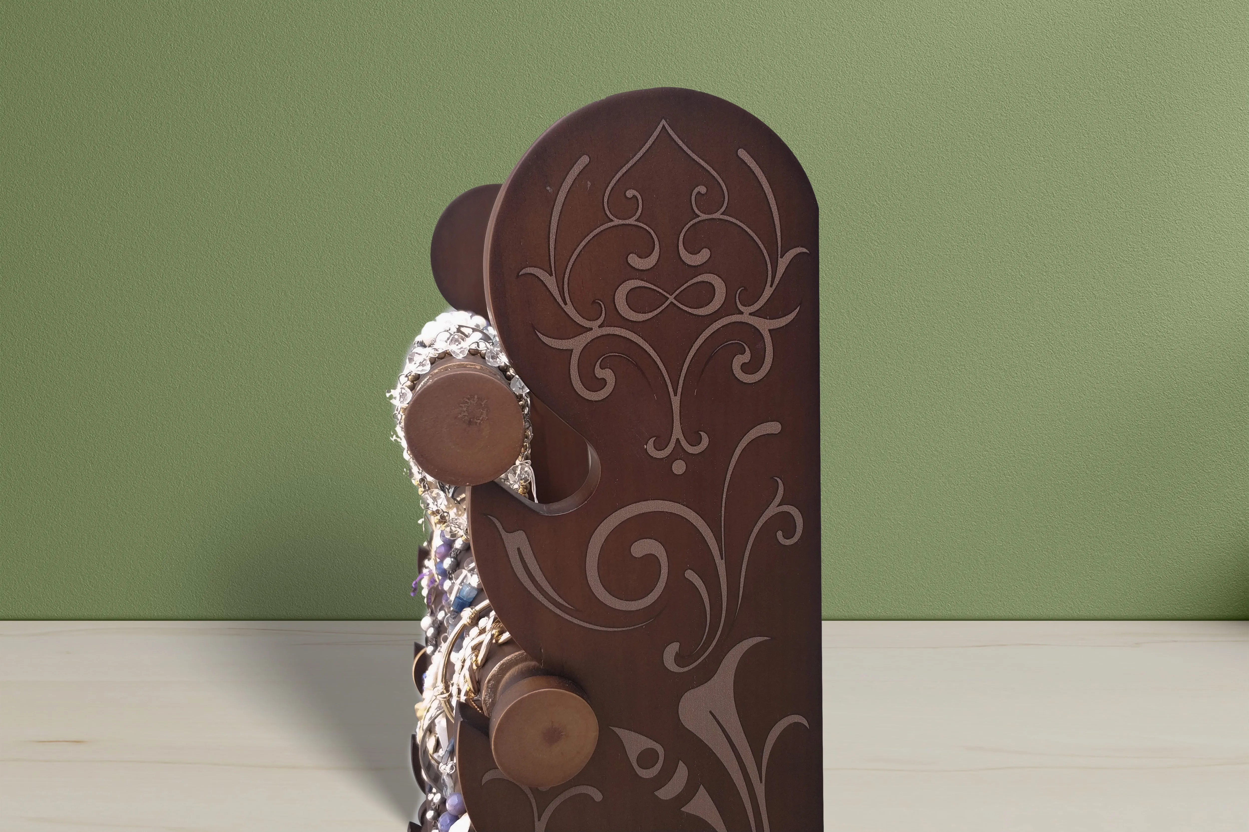 the dark wood 10-tier bracelet display with etched side panels — view 11